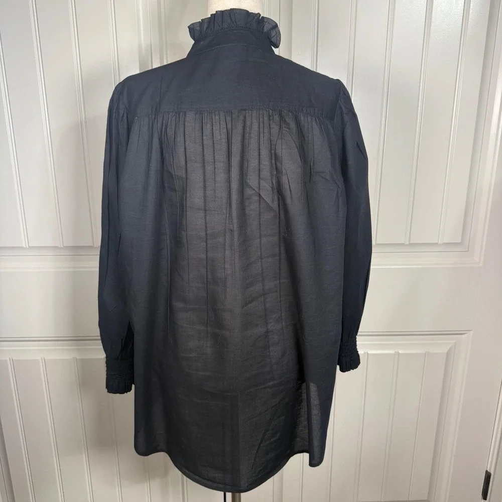 Tuckernuck Blouse M (est) Black Cotton Ruffle Puff Sleeve Coastal Victorian